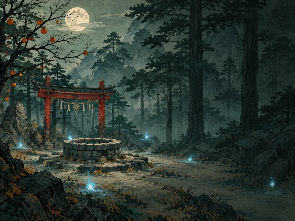 Moonwell Shrine di malam purnama: sumur batu, gerbang merah, api rubah biru di antara pohon pinus