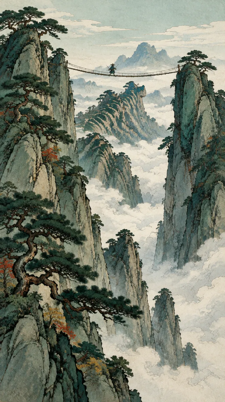 Tigerback Ridge: puncak granit bergerigi, pinus di tebing, jembatan tali di atas lautan awan dengan pemburu kecil menyeberang